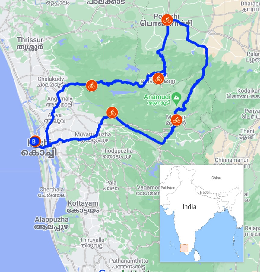 Kerala Bicycle Tour Route Map